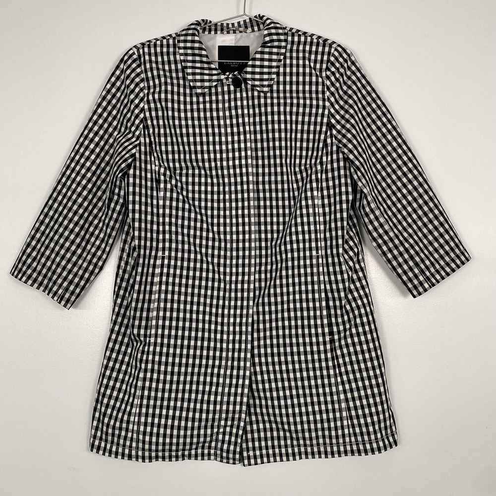 Talbots Coat Womens 14P Black Gingham Check Rain Lined Mid Length 3/4 Sleeve